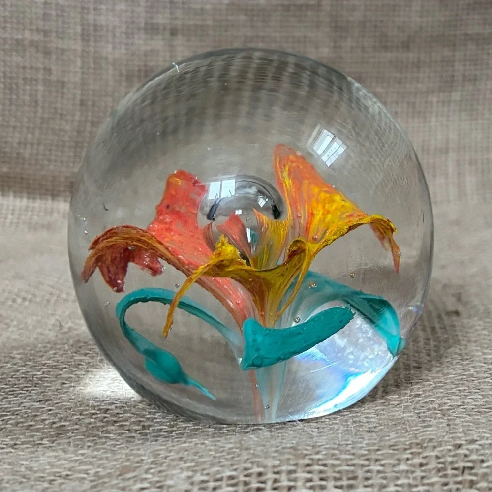 Vintage Orange Flower Art Glass Paperweight Round Dome Tropical Beach Boho